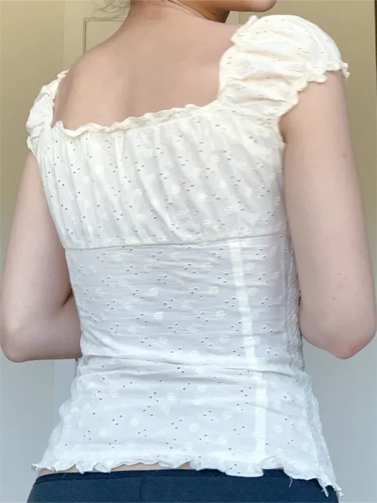 Retro Square Neck Button Down Short Sleeve Blouse