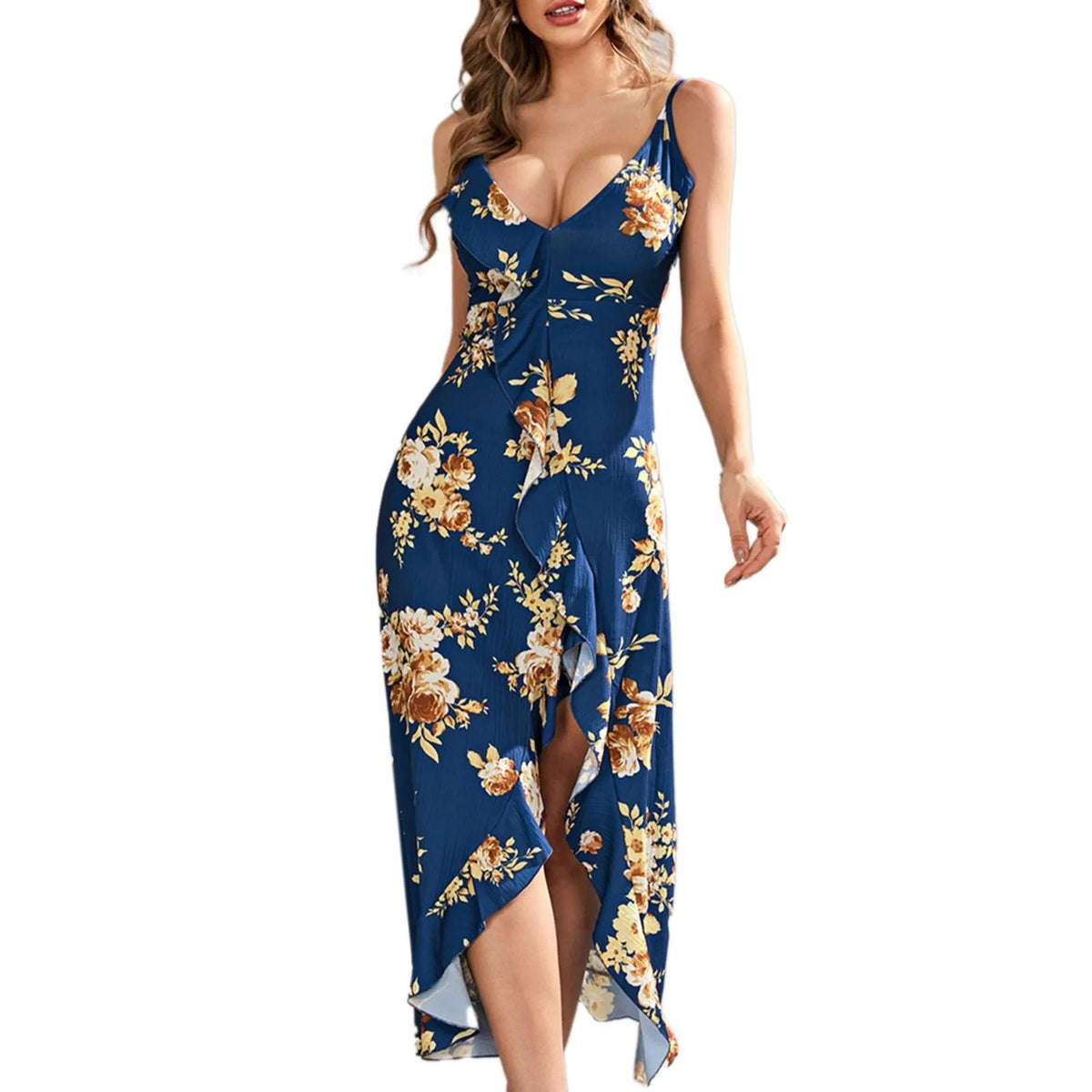Floral Print V-Neck Sleeveless Ruffle Wrap Maxi Dress 7