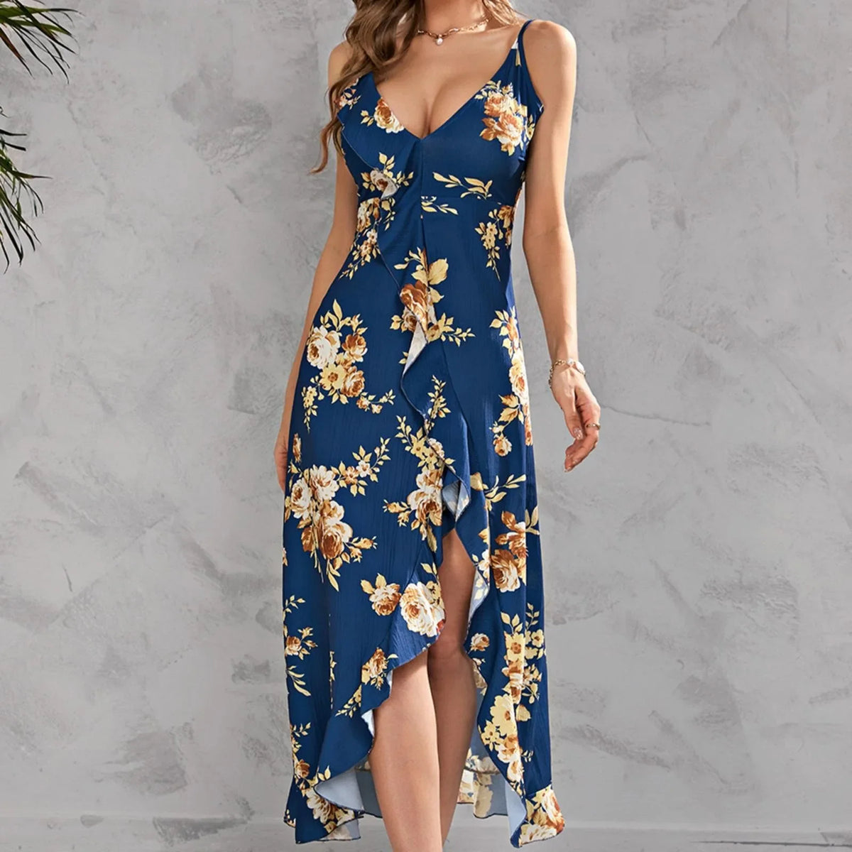 Floral Print V-Neck Sleeveless Ruffle Wrap Maxi Dress 4