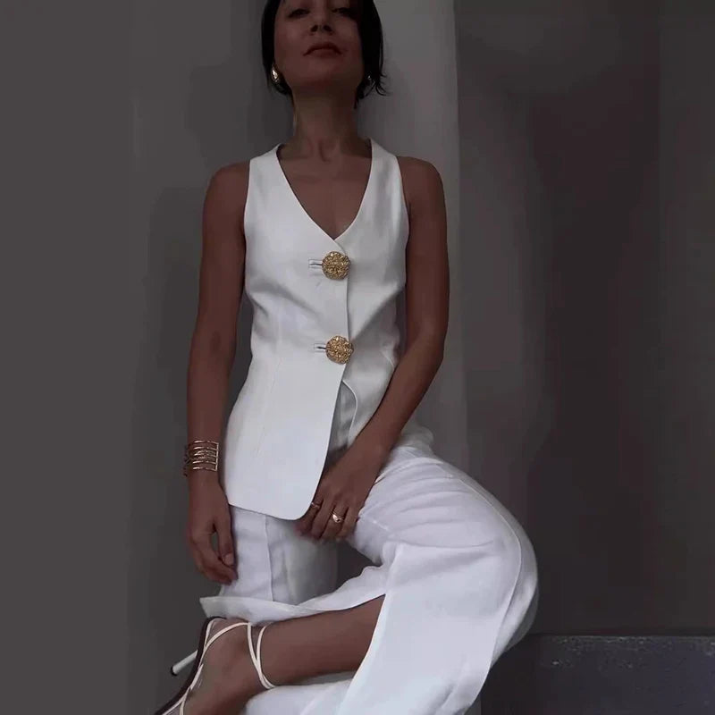 Summer Sleeveless Wide Leg Pants Office Two Piece Set