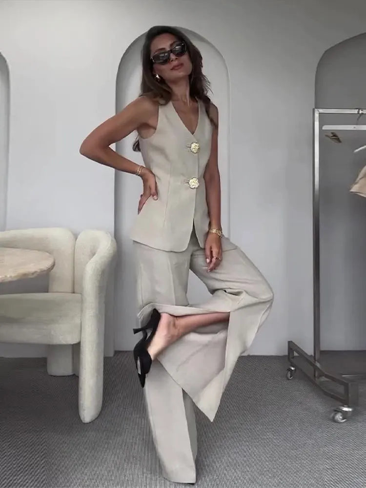 Summer Sleeveless Wide Leg Pants Office Two Piece Set