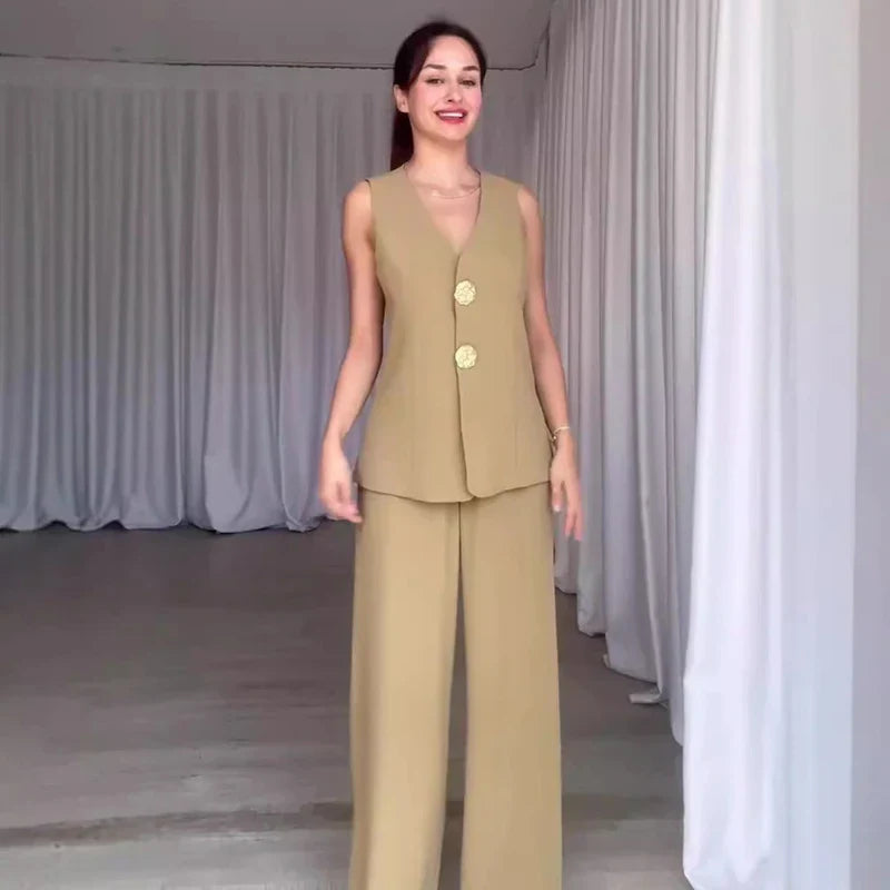 Summer Sleeveless Wide Leg Pants Office Two Piece Set