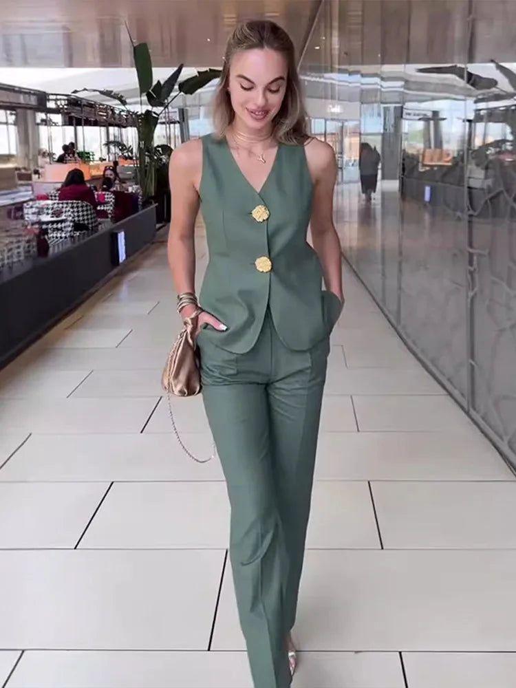 Summer Sleeveless Wide Leg Pants Office Two Piece Set