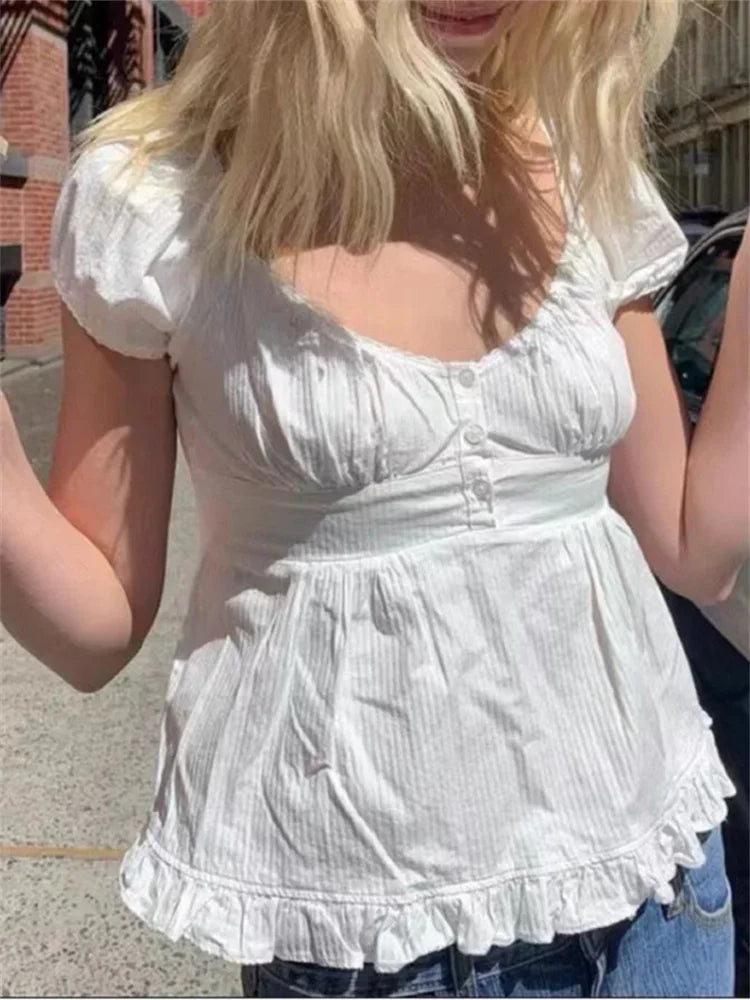 Summer Puff Short Sleeve Square Neck Blouse - Fashionpara