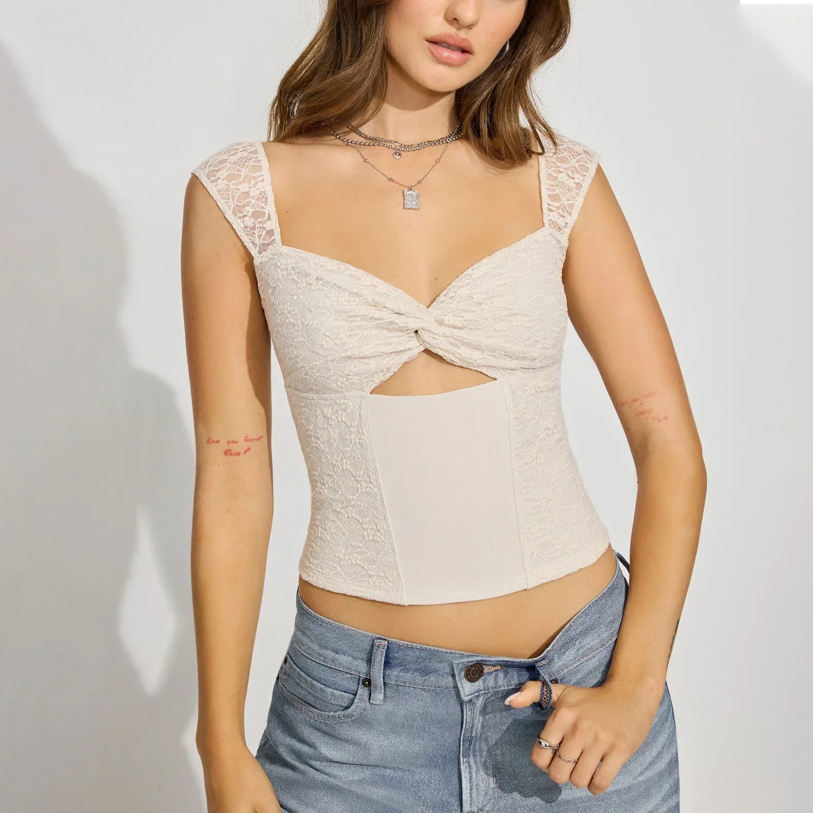 Twist Front Lace Flower Crop Top