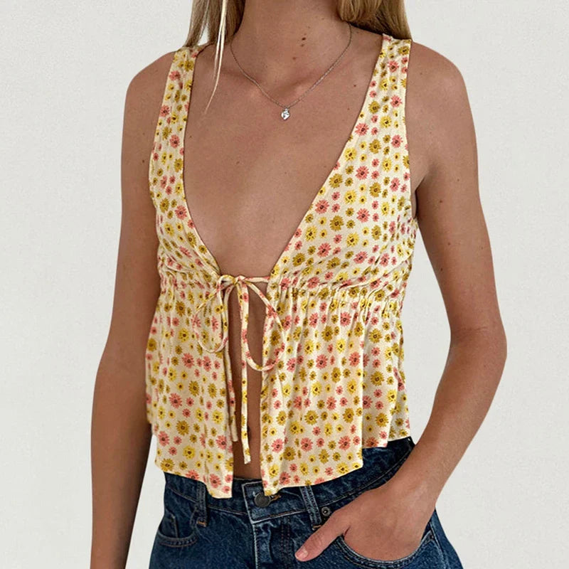 Tie Front Underbust Drawcord Floral Print V Neck Sleeveless Fairy Backless Crop Top