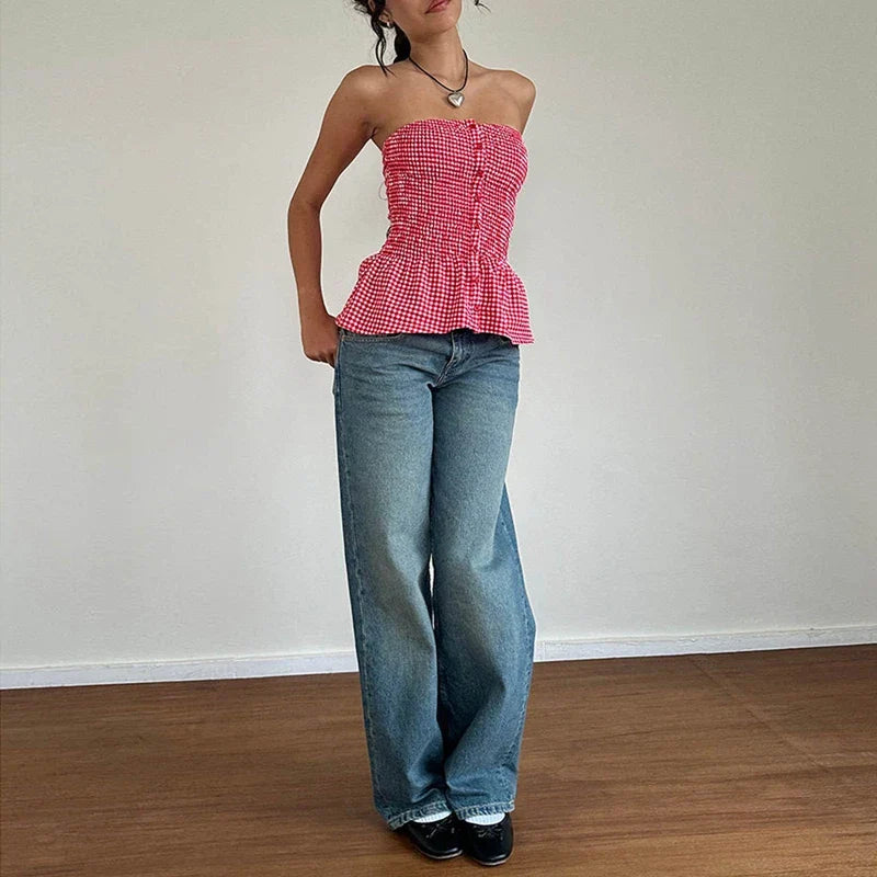 Plaid Print Tube Top Backless Slim Fit Crop Top