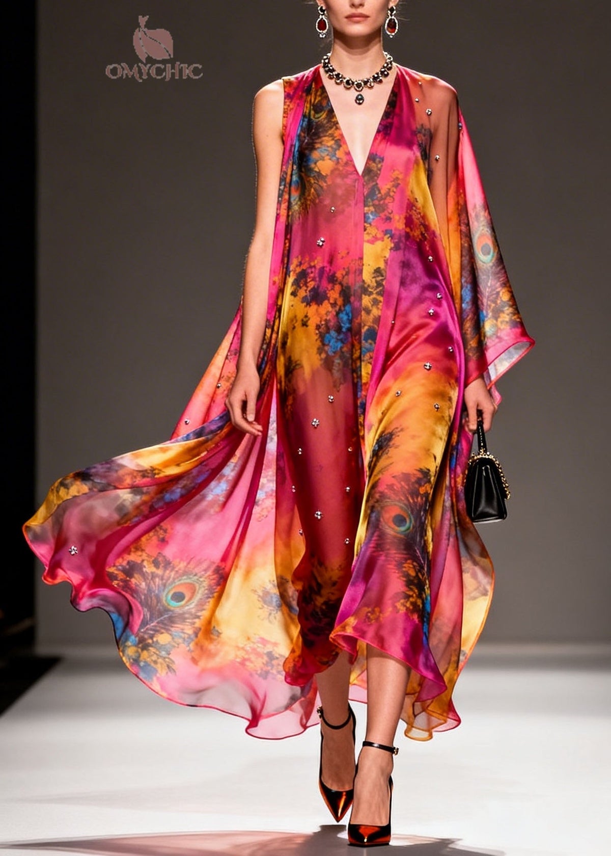 Peacock Print Deep V-Neck Sleeveless Studded Chiffon Cape Maxi Gown