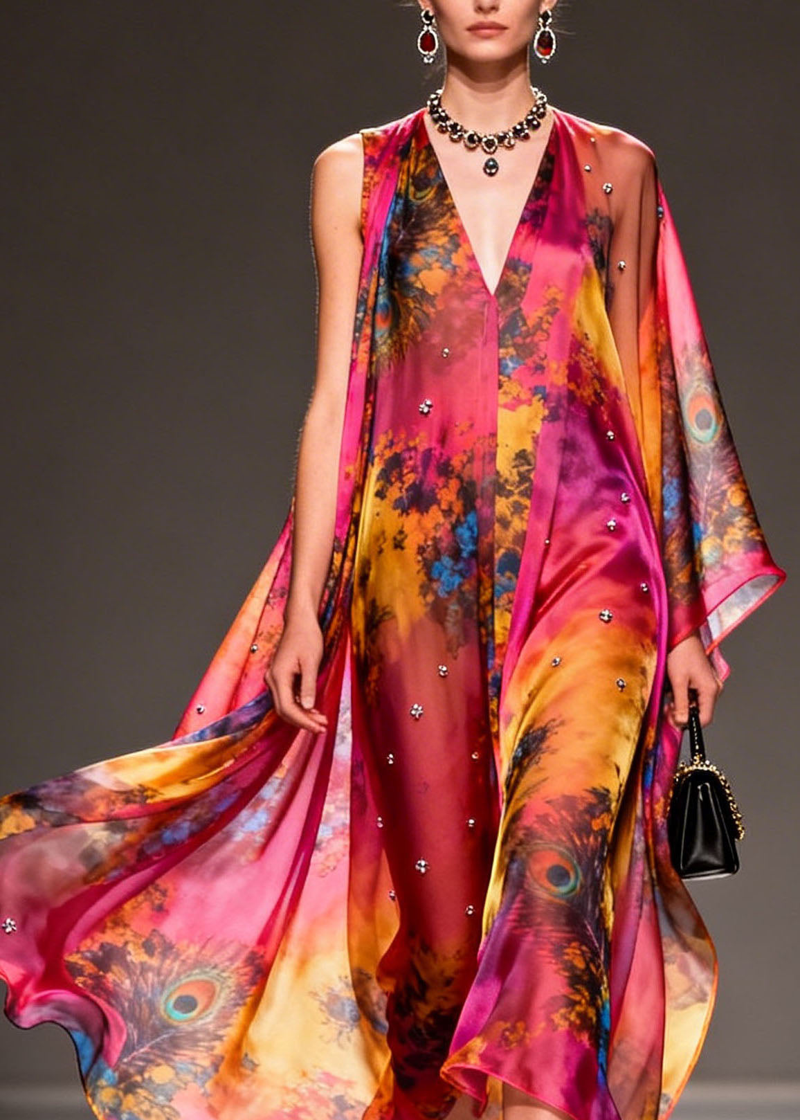 Peacock Print Deep V-Neck Sleeveless Studded Chiffon Cape Maxi Gown - View 2