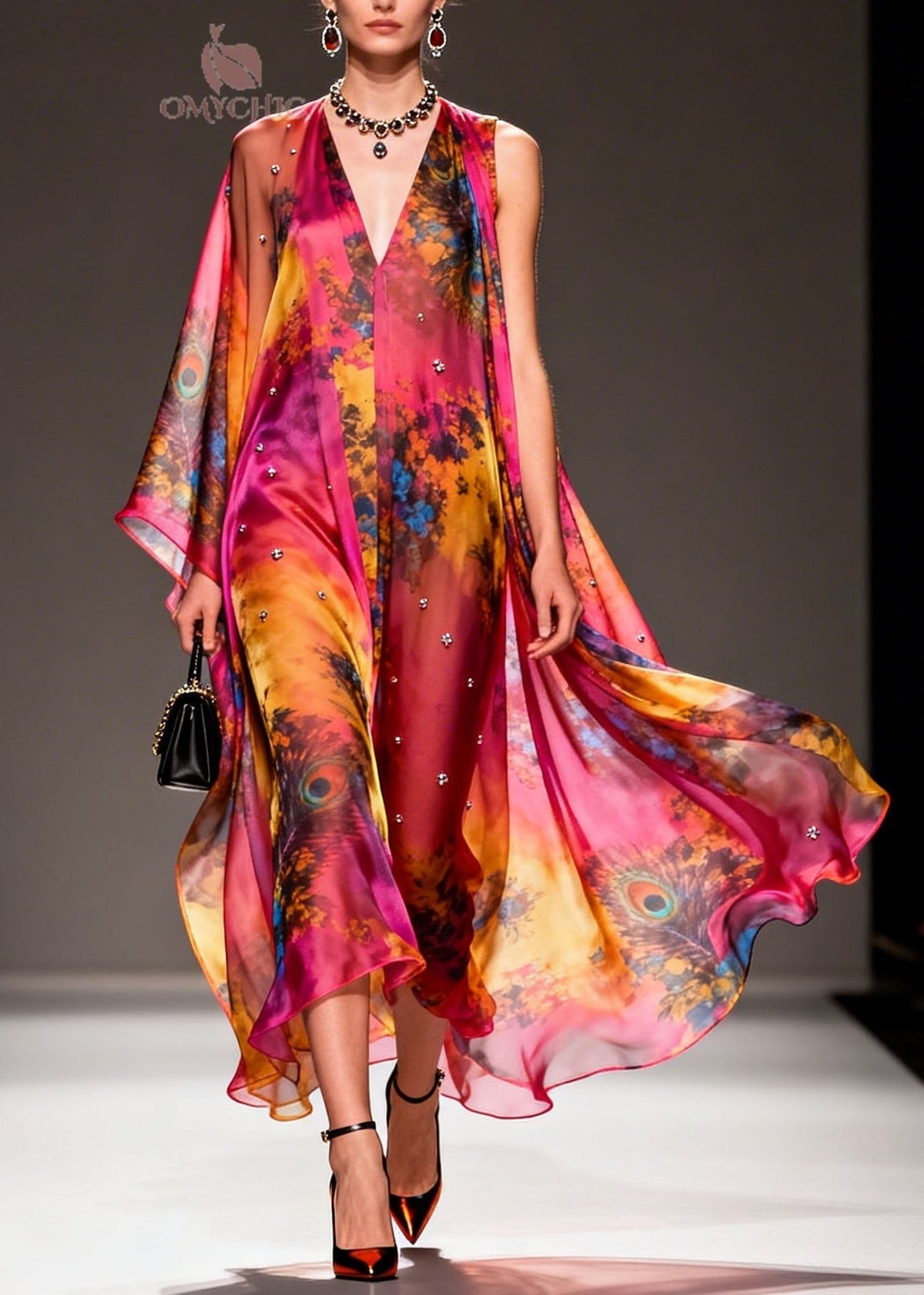 Peacock Print Deep V-Neck Sleeveless Studded Chiffon Cape Maxi Gown - View 3