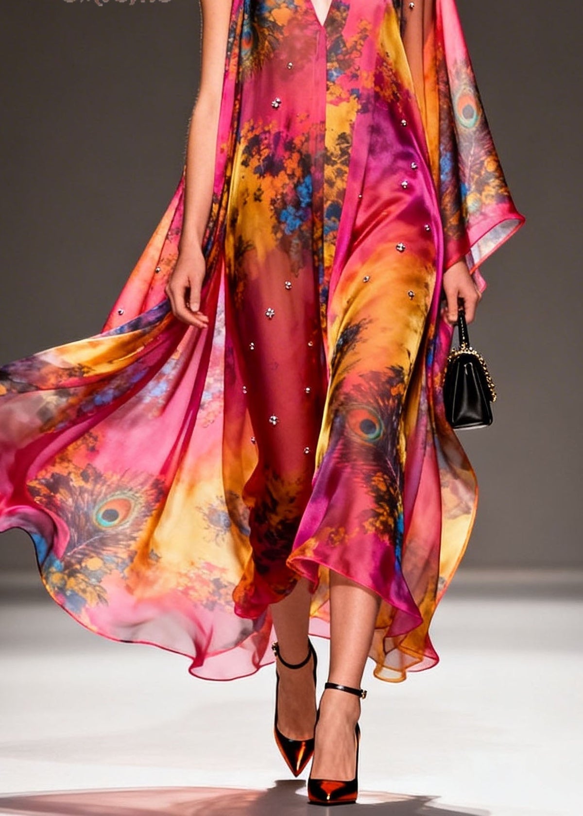 Peacock Print Deep V-Neck Sleeveless Studded Chiffon Cape Maxi Gown - View 4