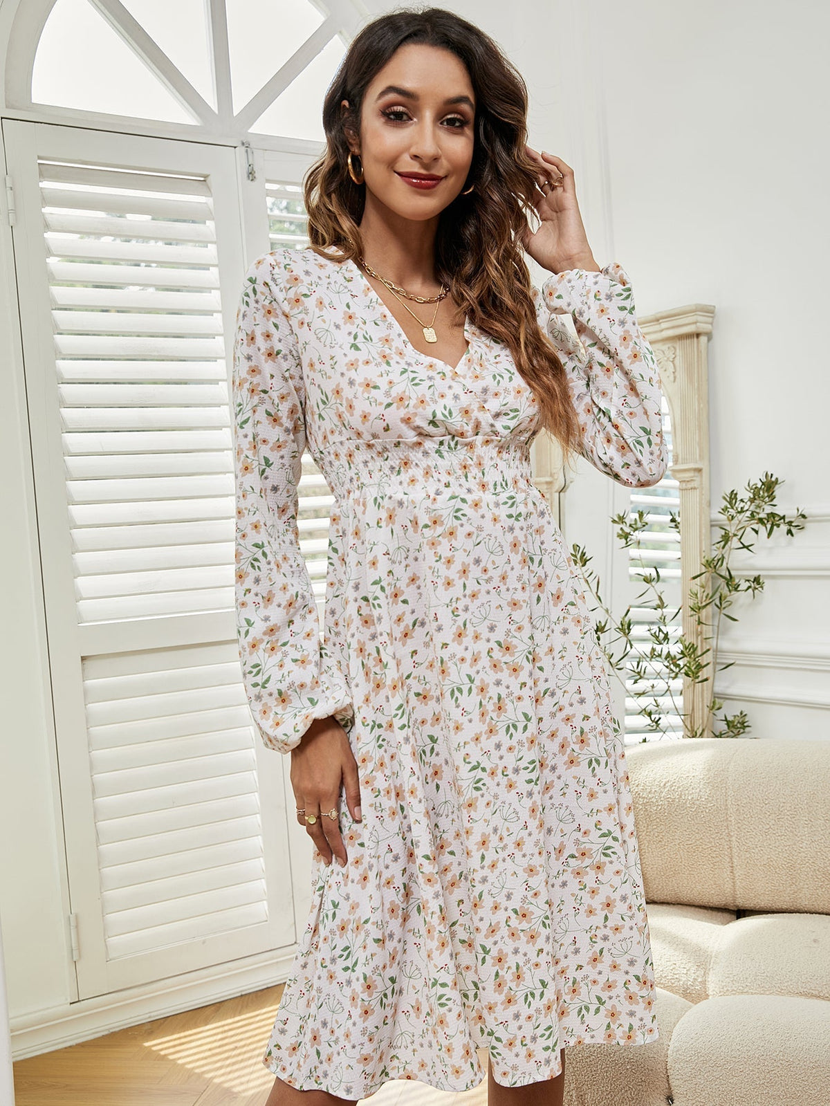 Floral Print V-Neck Long Sleeve Empire Waist A-Line Midi Dress