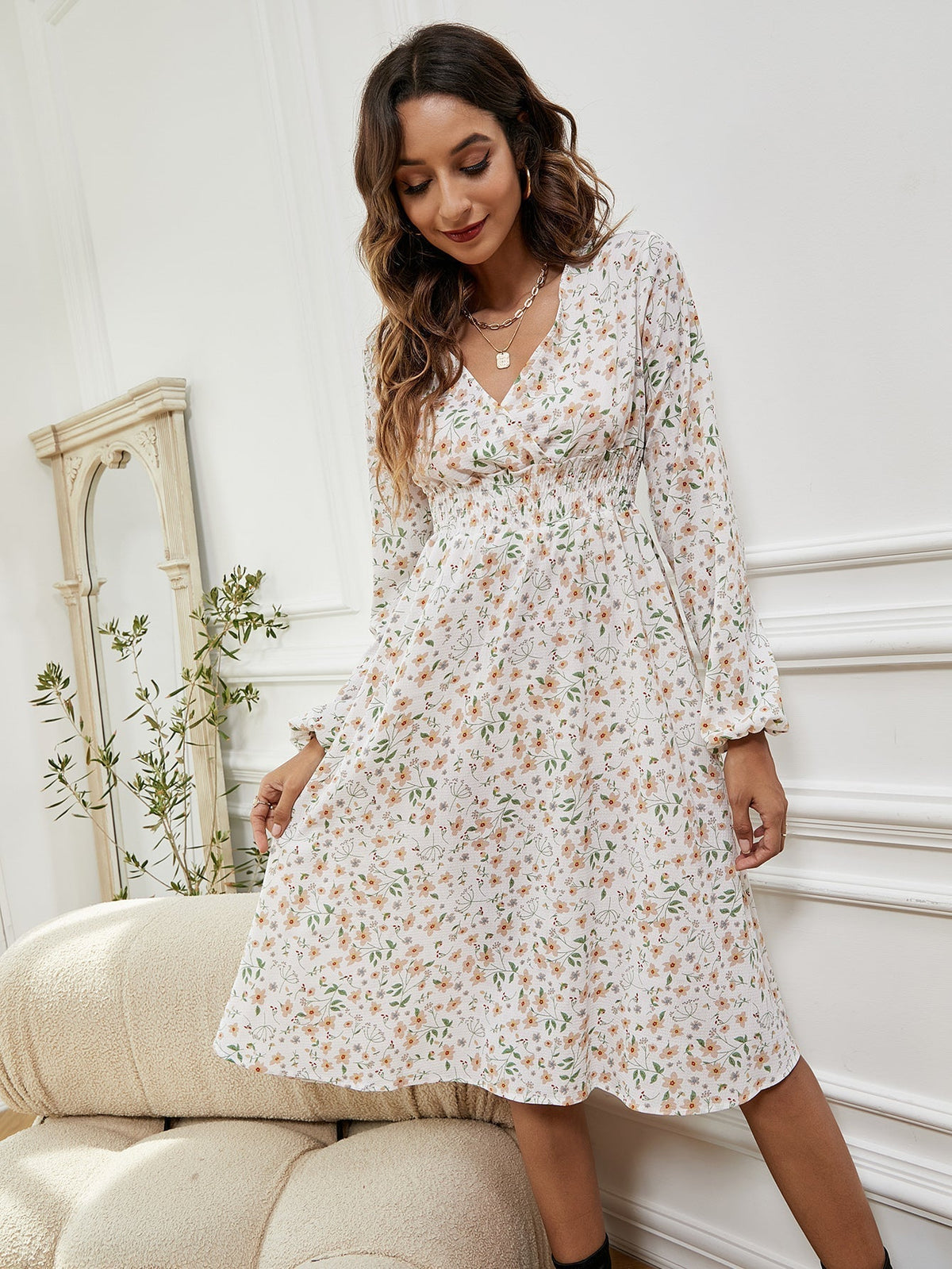 Floral Print V-Neck Puff Sleeve Empire Waist Midi Dress