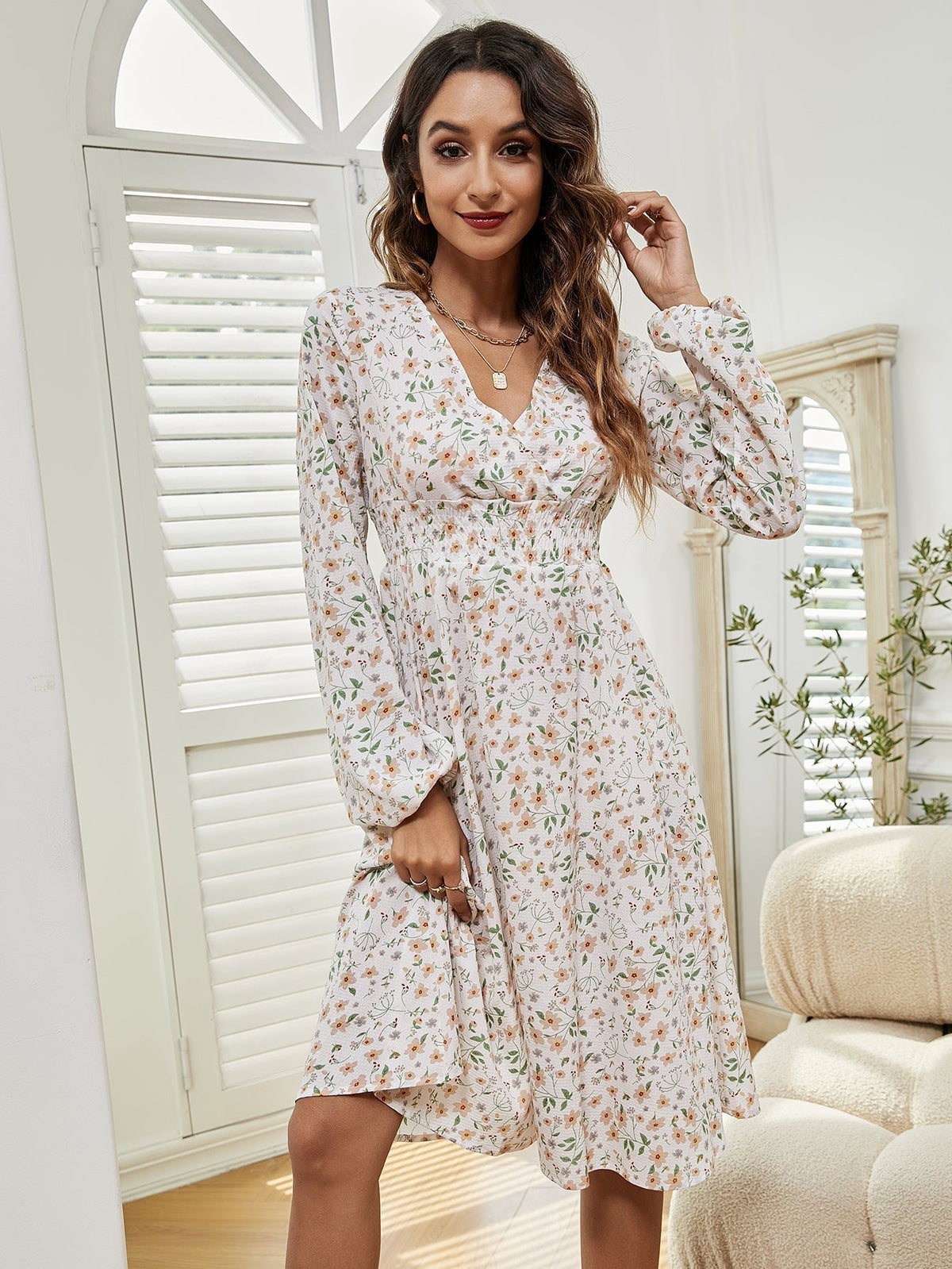 Floral Print V-Neck Long Sleeve Empire Waist A-Line Midi Dress