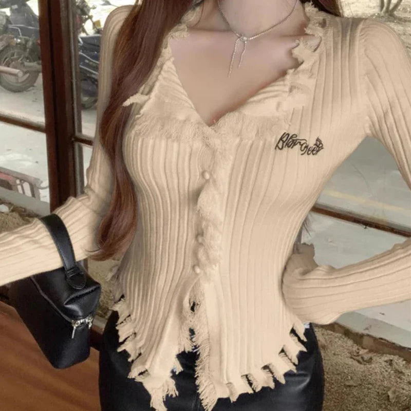 V-Neck Knit Sweater with Tassels and Irregular Hem Design