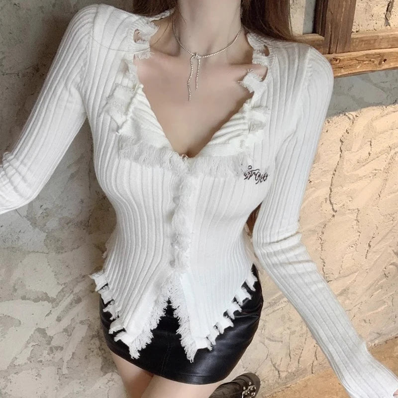 V-Neck Knit Sweater with Tassels and Irregular Hem Design