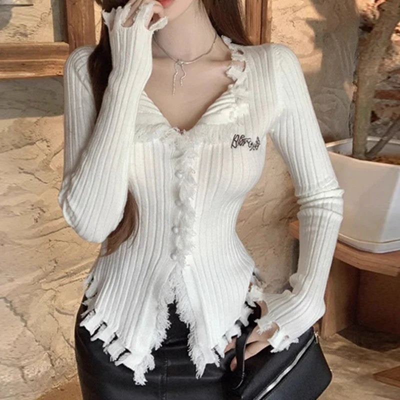 V-Neck Knit Sweater with Tassels and Irregular Hem Design