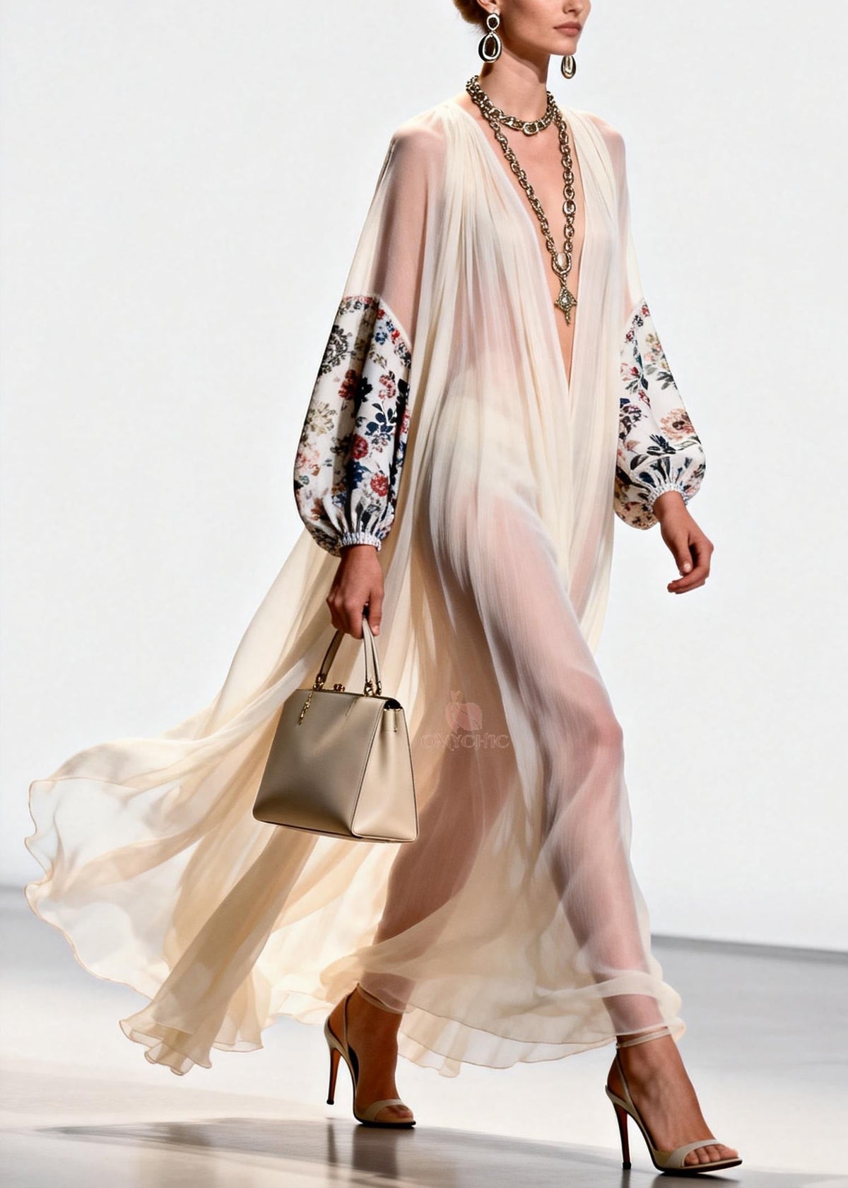 Floral Print Deep V-Neck Balloon Sleeve Sheer Pleated Maxi Gown