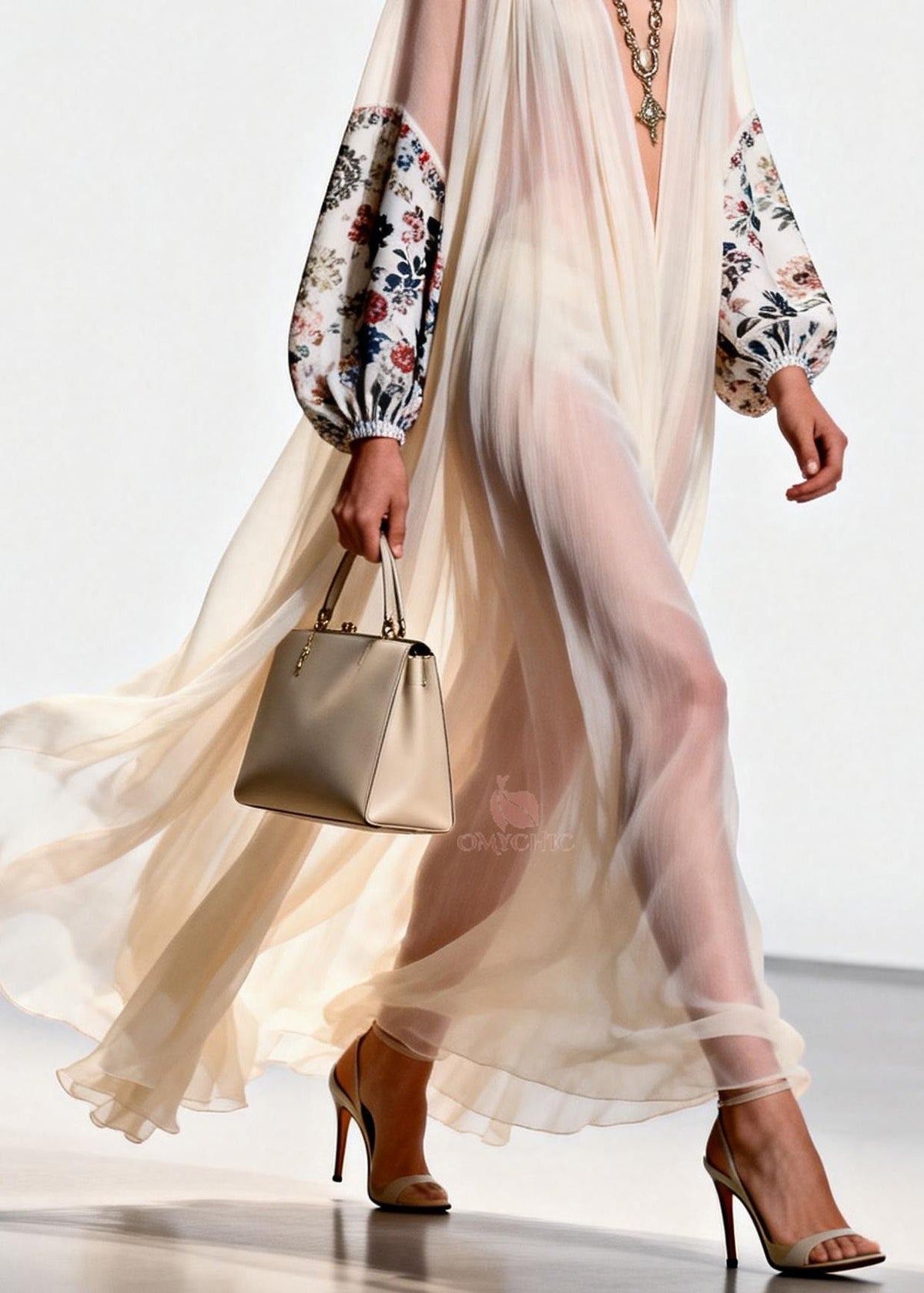 Floral Print Deep V-Neck Balloon Sleeve Sheer Pleated Maxi Gown - View 4
