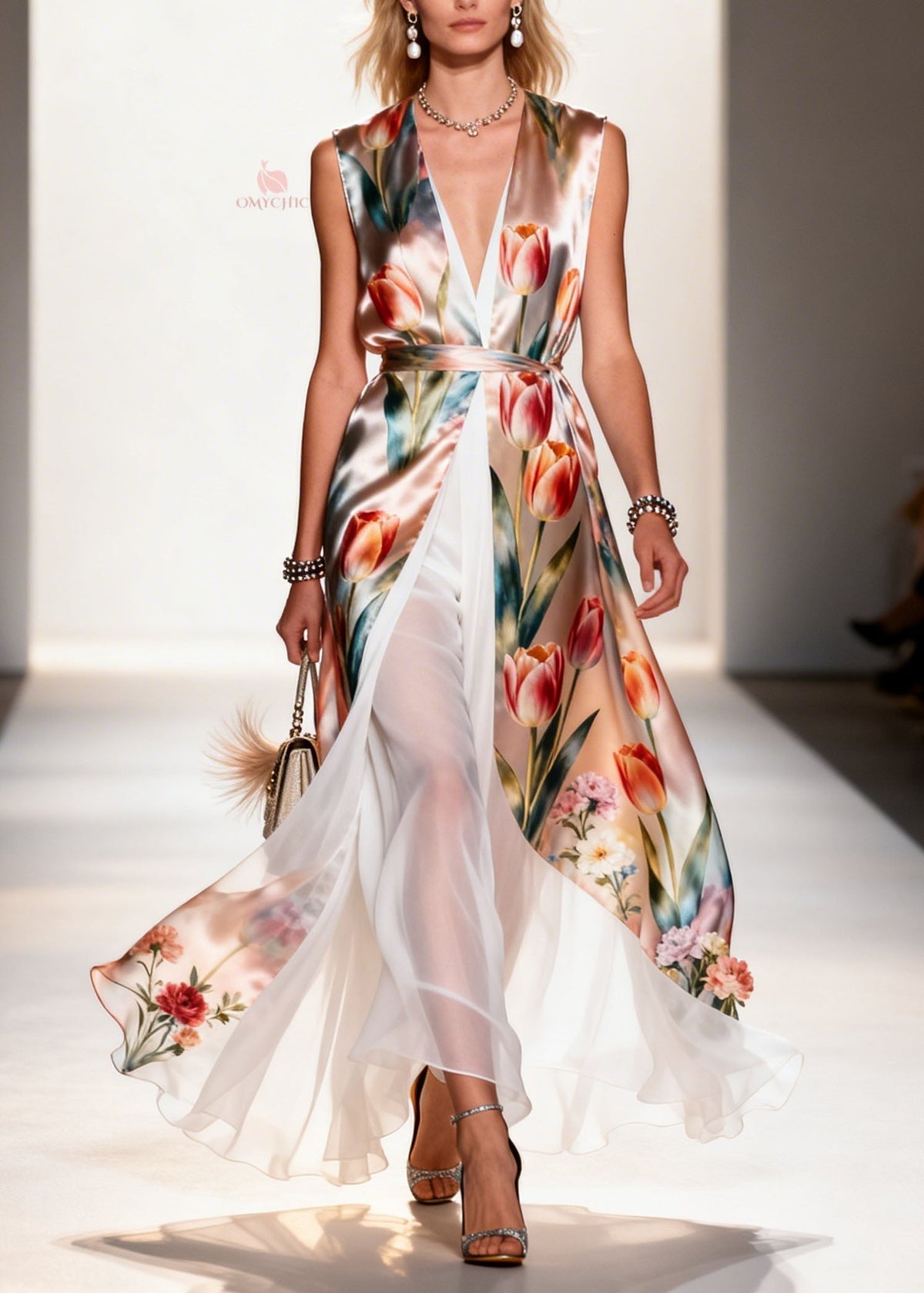 Chiffon Floral Print Deep V-Neck Sleeveless Belted Maxi Dress