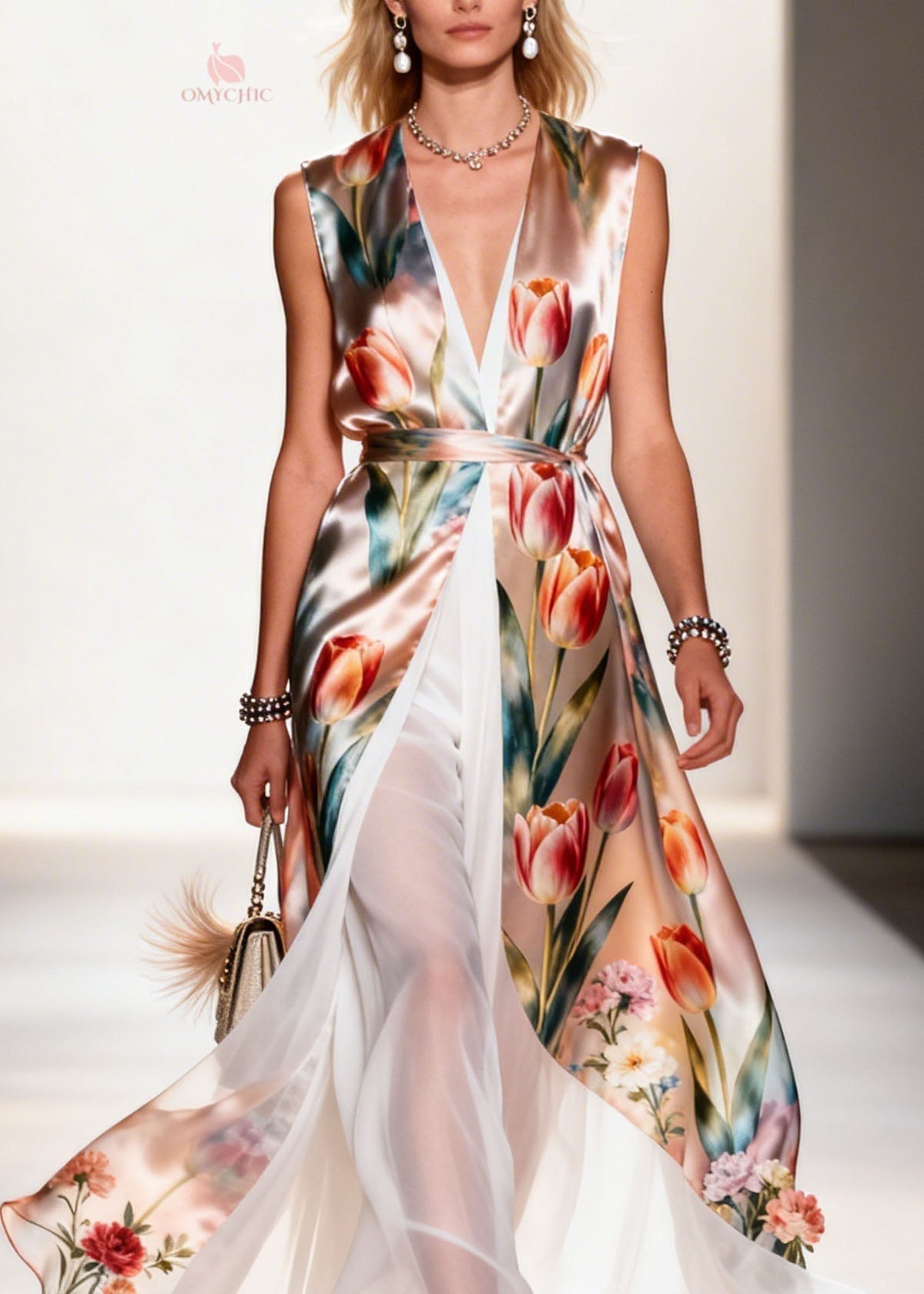Chiffon Floral Print Deep V-Neck Sleeveless Belted Maxi Dress - View 2