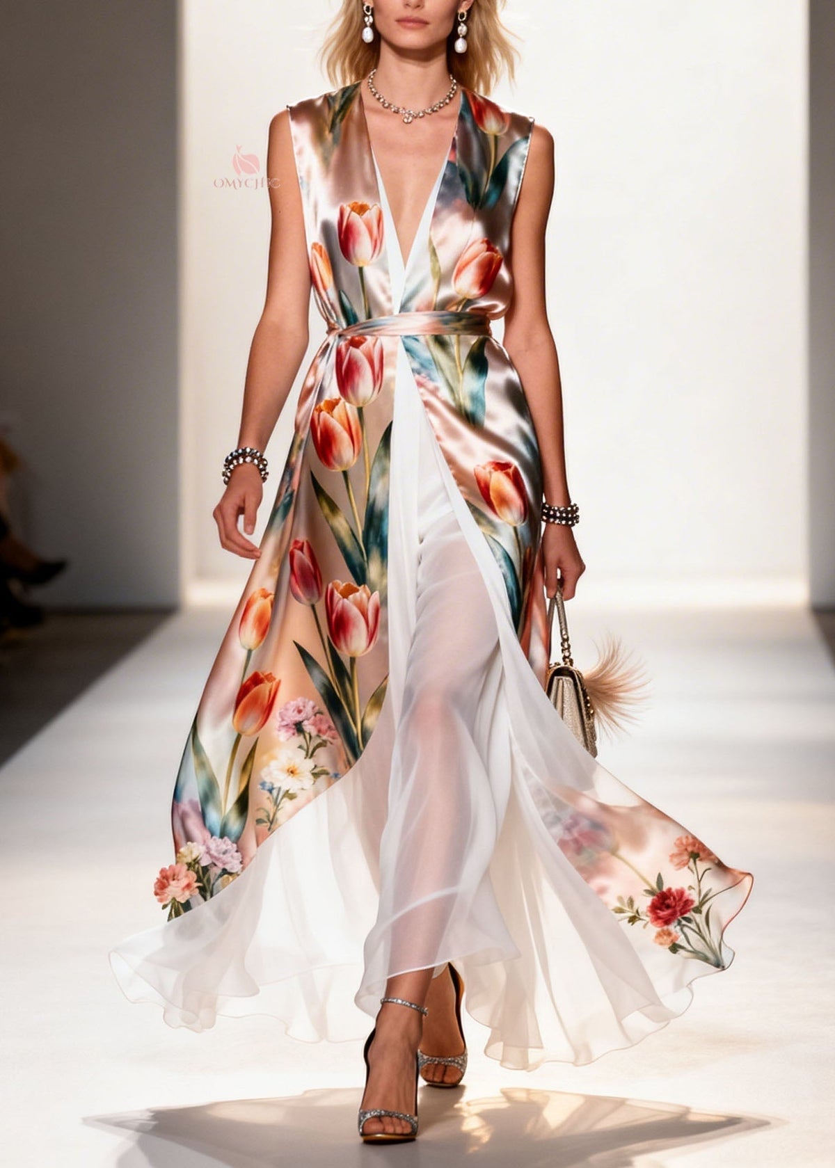 Chiffon Floral Print Deep V-Neck Sleeveless Belted Maxi Dress - View 3