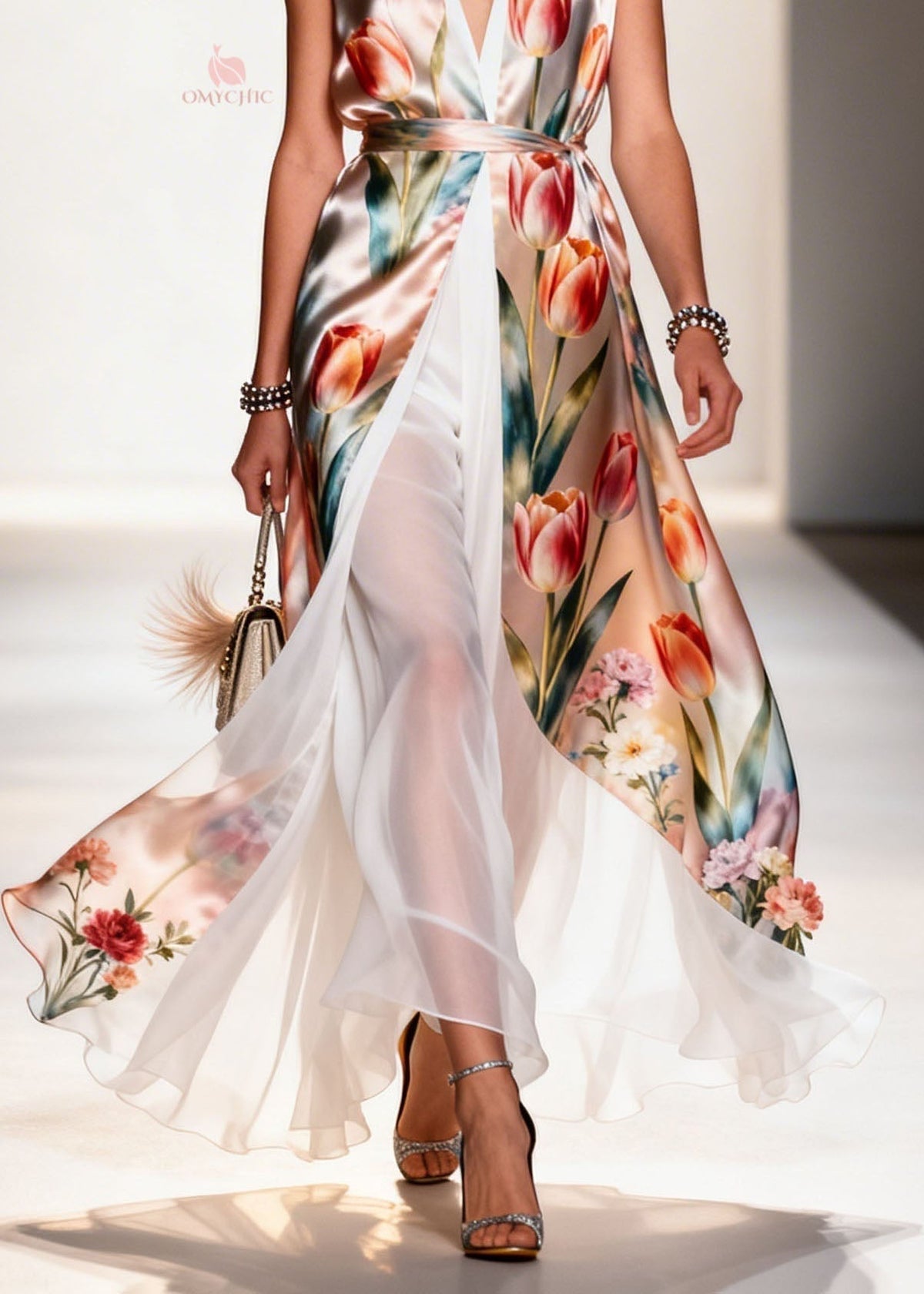 Chiffon Floral Print Deep V-Neck Sleeveless Belted Maxi Dress - View 4