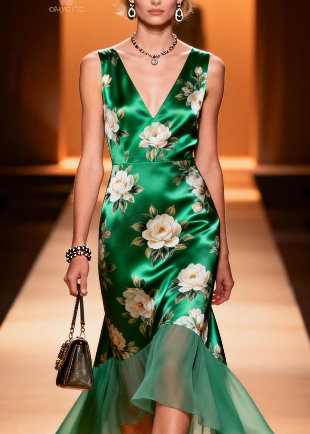 Satin Floral Print V-Neck Sleeveless Ruffle High Low Hem Midi Dress - View 2