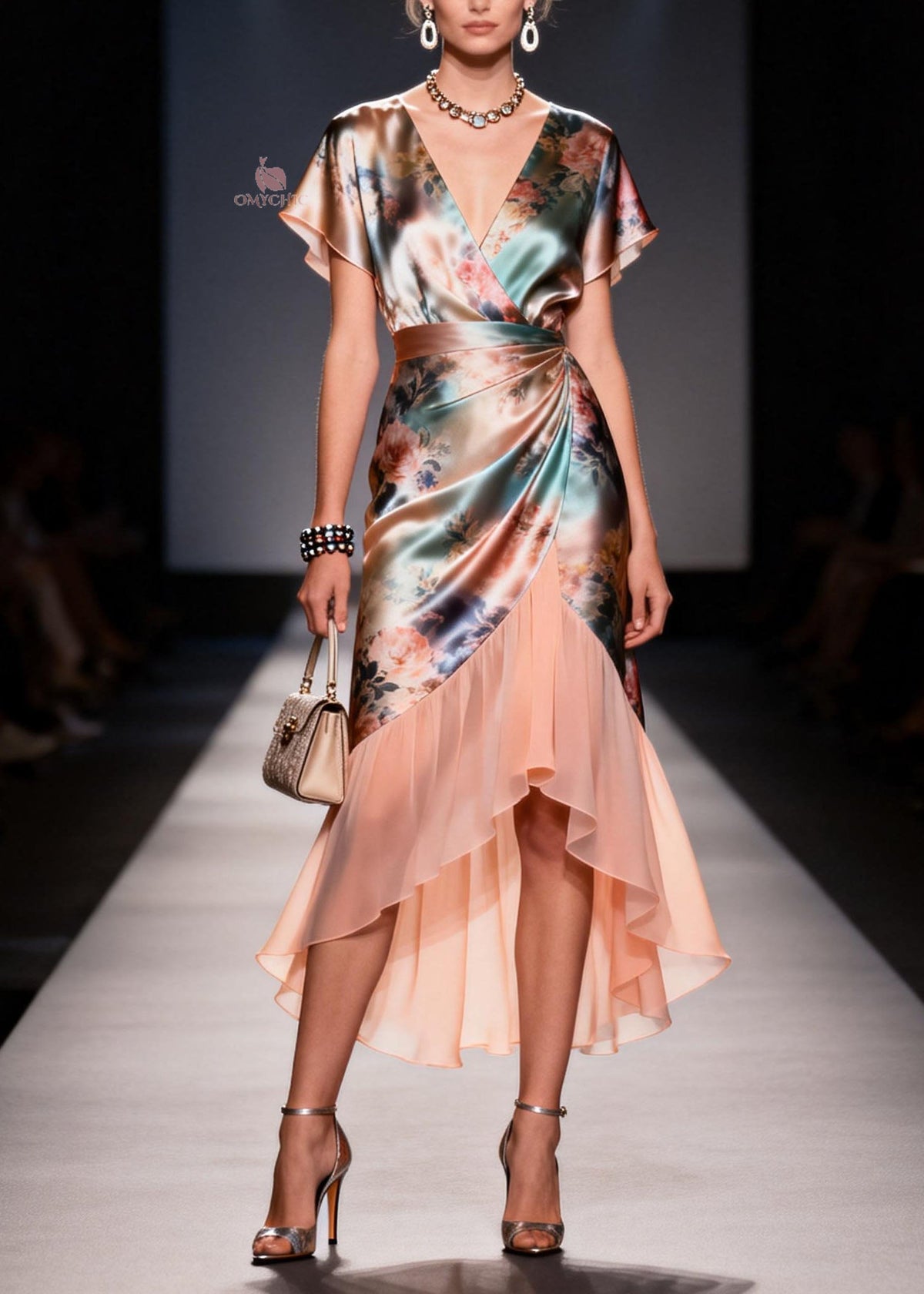 Floral Rose Print Wrap V-Neck Flutter Sleeve Draped Midi Dress