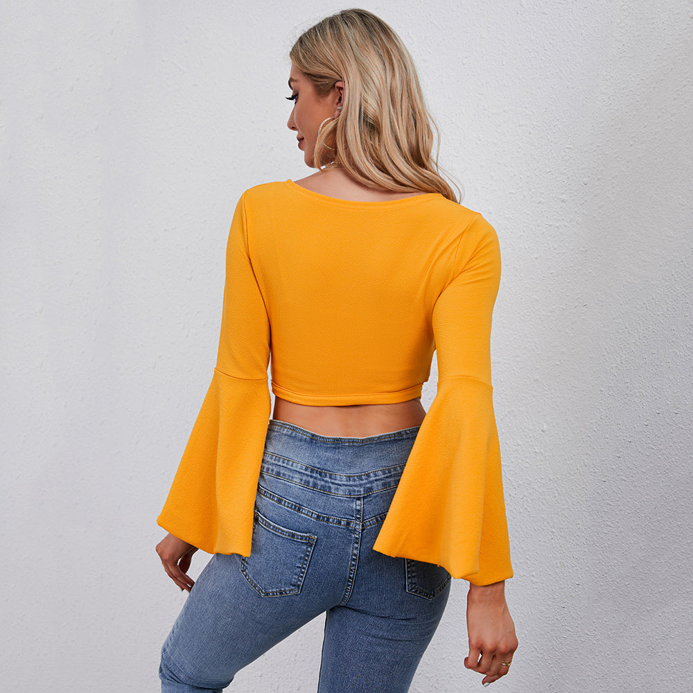 KittenAlarm - Women V-neck trumpet-sleeve top long sleeve T-shirt with crop