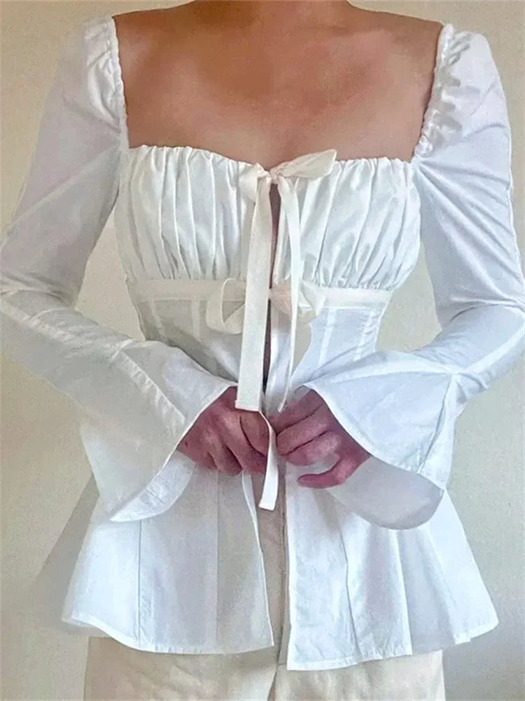 Vintage Puff Sleeve Tie-up Square Neck Blouse