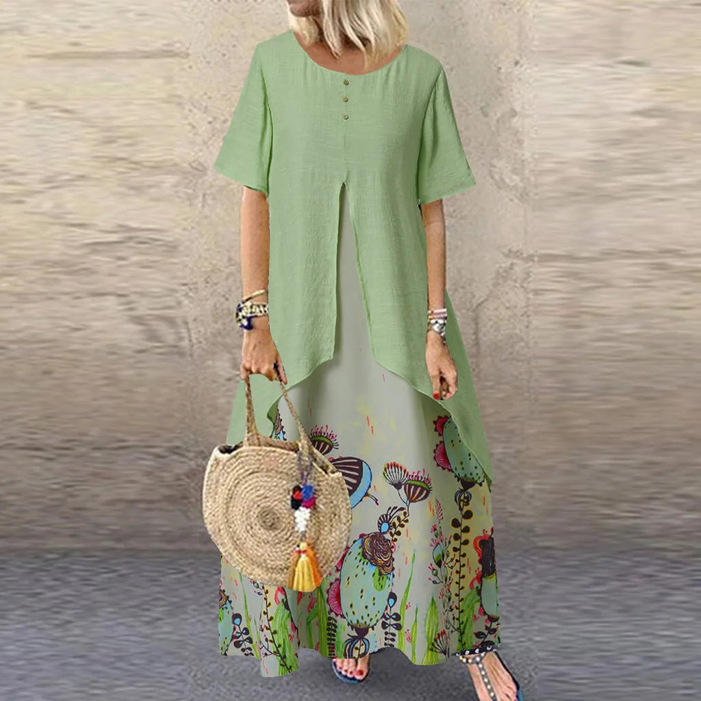 Vintage Fake Two Piece Floral Print Short Sleeve O-Neck Long Loose Beach Clothing Dress