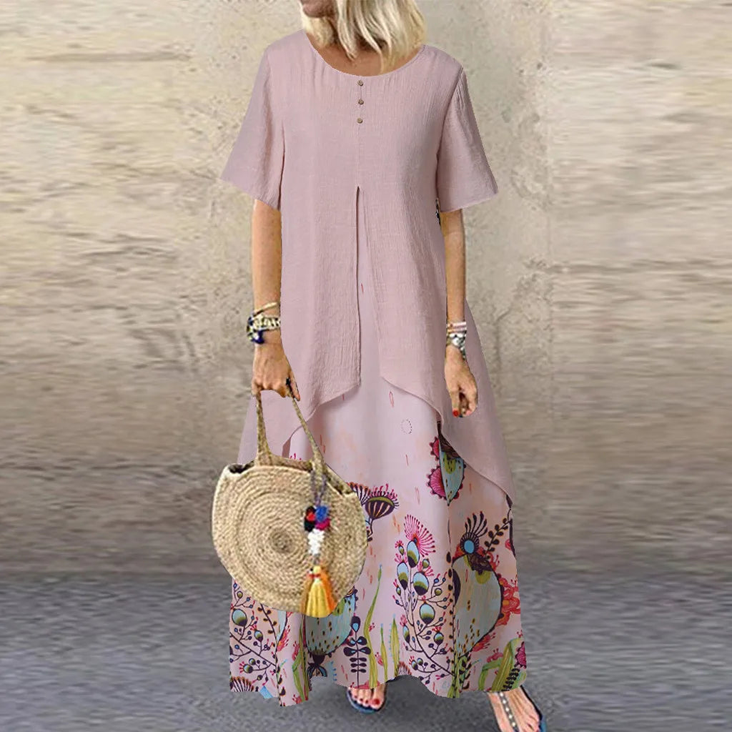 Vintage Fake Two Piece Floral Print Short Sleeve O-Neck Long Loose Beach Clothing Dress 3