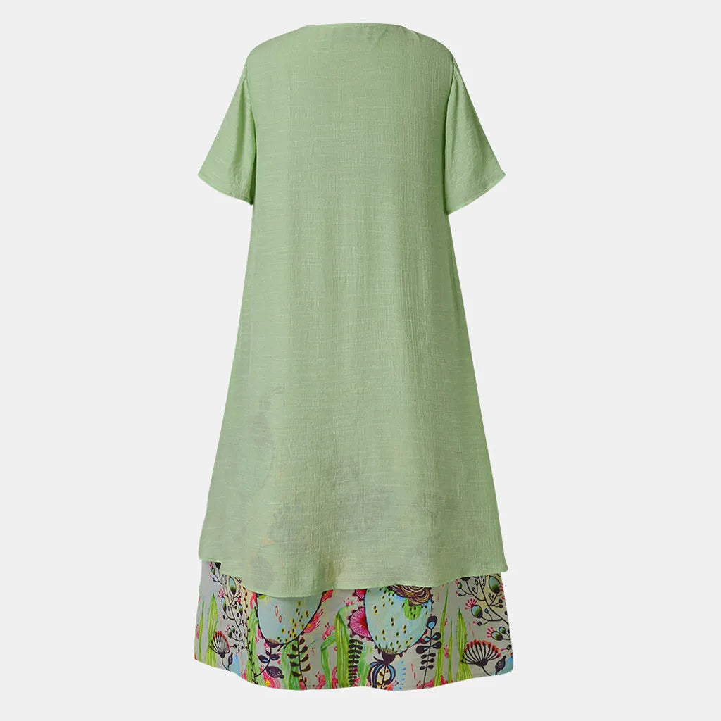Vintage Fake Two Piece Floral Print Short Sleeve O-Neck Long Loose Beach Clothing Dress 5