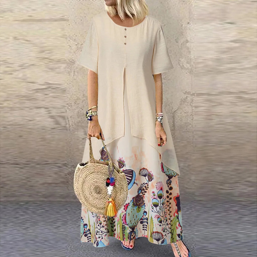 Vintage Fake Two Piece Floral Print Short Sleeve O-Neck Long Loose Beach Clothing Dress 2