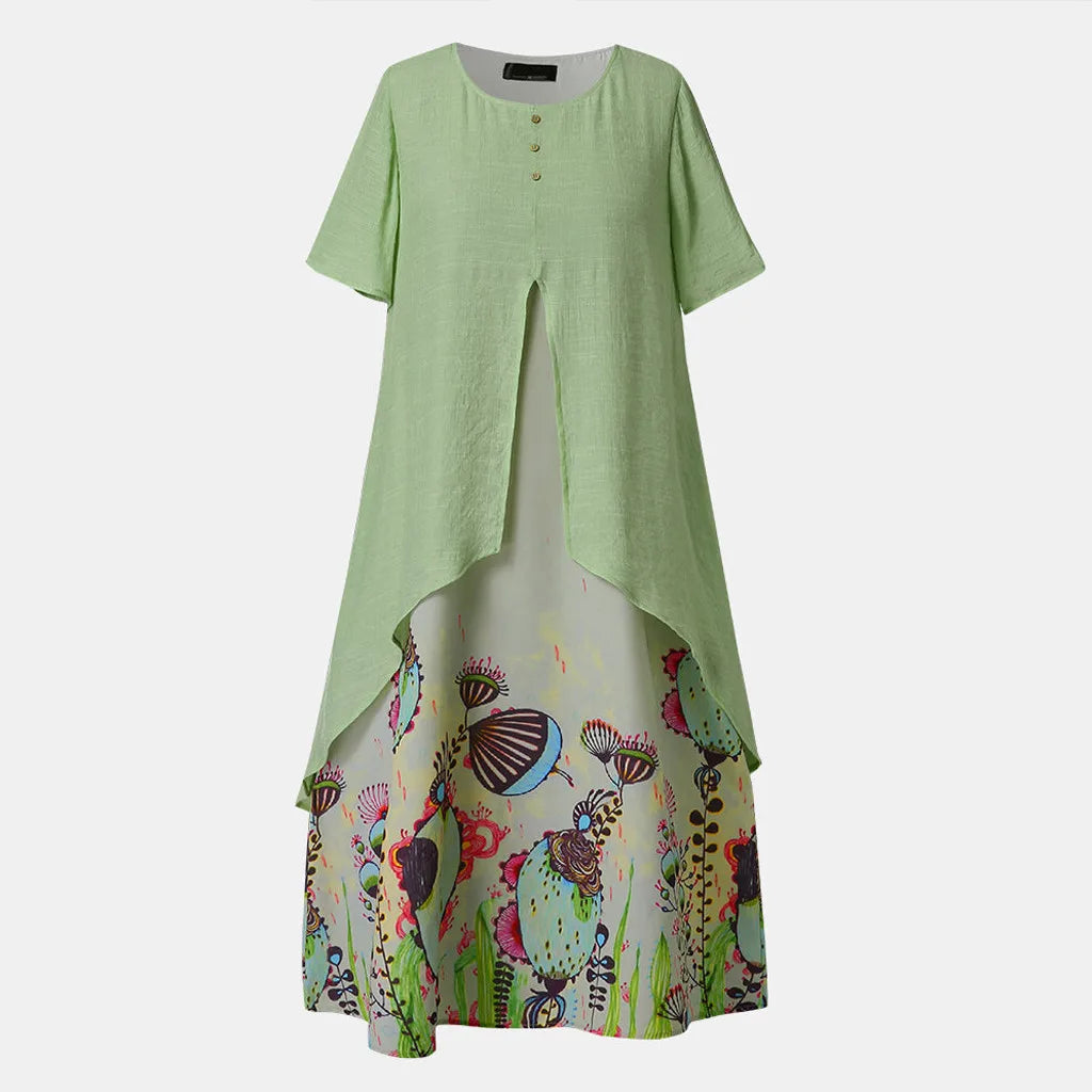 Vintage Fake Two Piece Floral Print Short Sleeve O-Neck Long Loose Beach Clothing Dress 4
