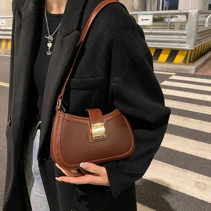Brown Gold Buckle Vintage Shoulder Bag