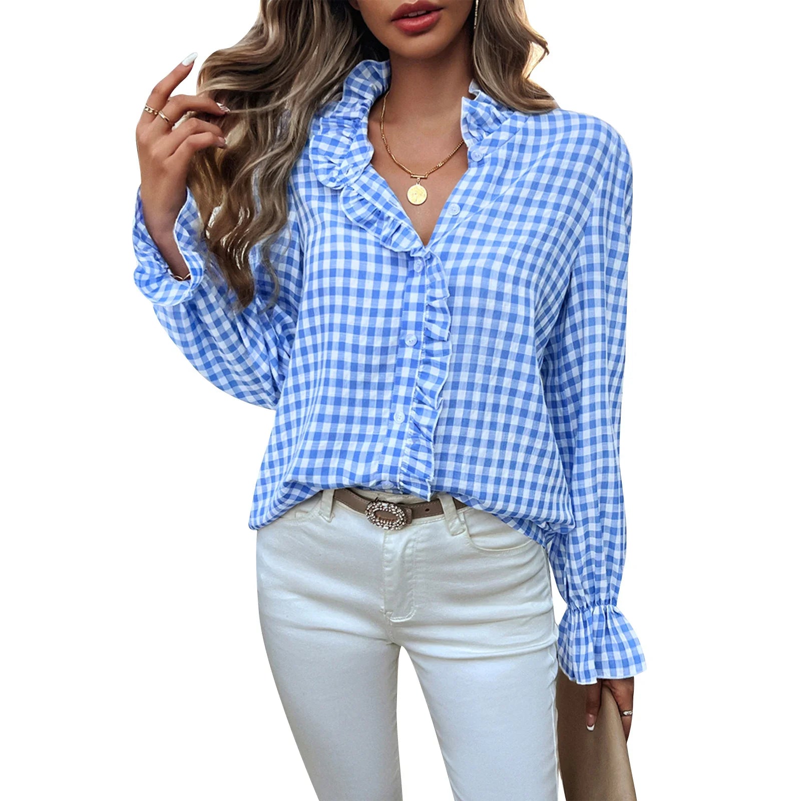 Plaid Ruffle V-neck Blouse