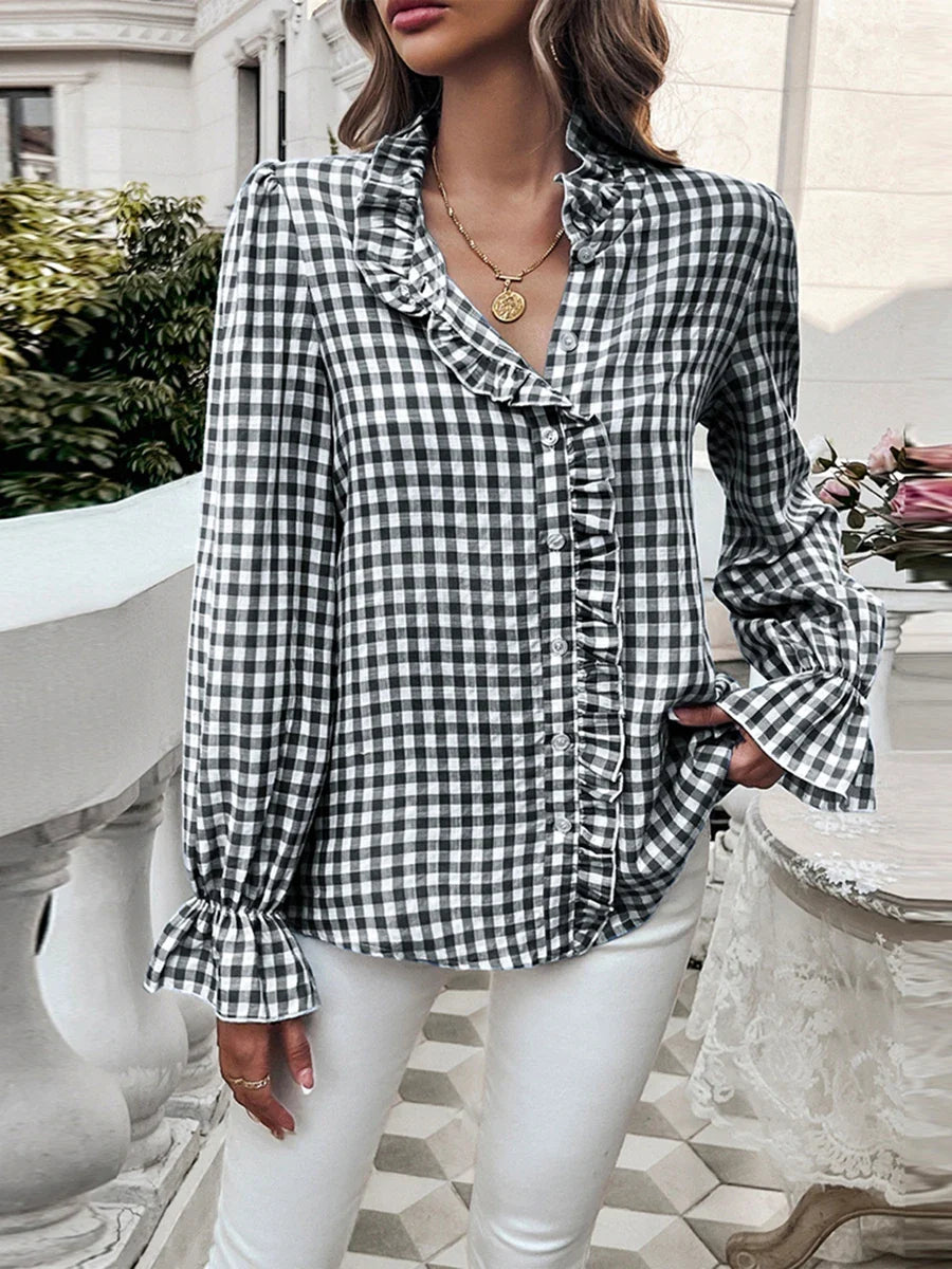 Plaid Ruffle V-neck Blouse