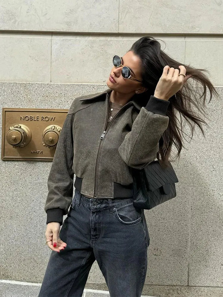 Vintage Casual Zipper Cropped Jacket