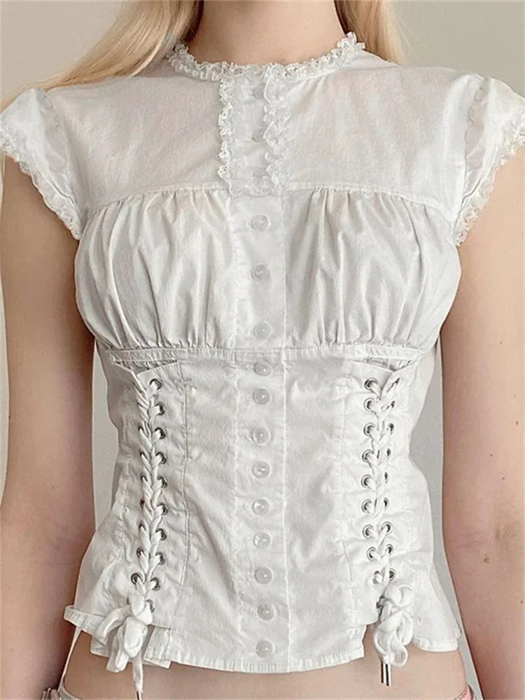 Vintage Lace Trim Cap Sleeve Bandage Blouse - Fashionpara