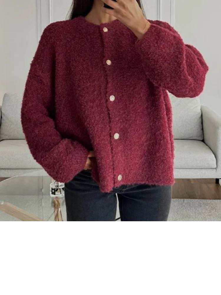 Wine Red Round Neck Button Cardigan