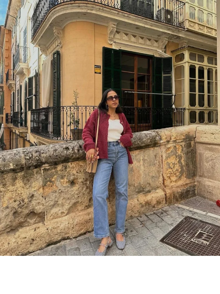 Wine Red Round Neck Button Cardigan