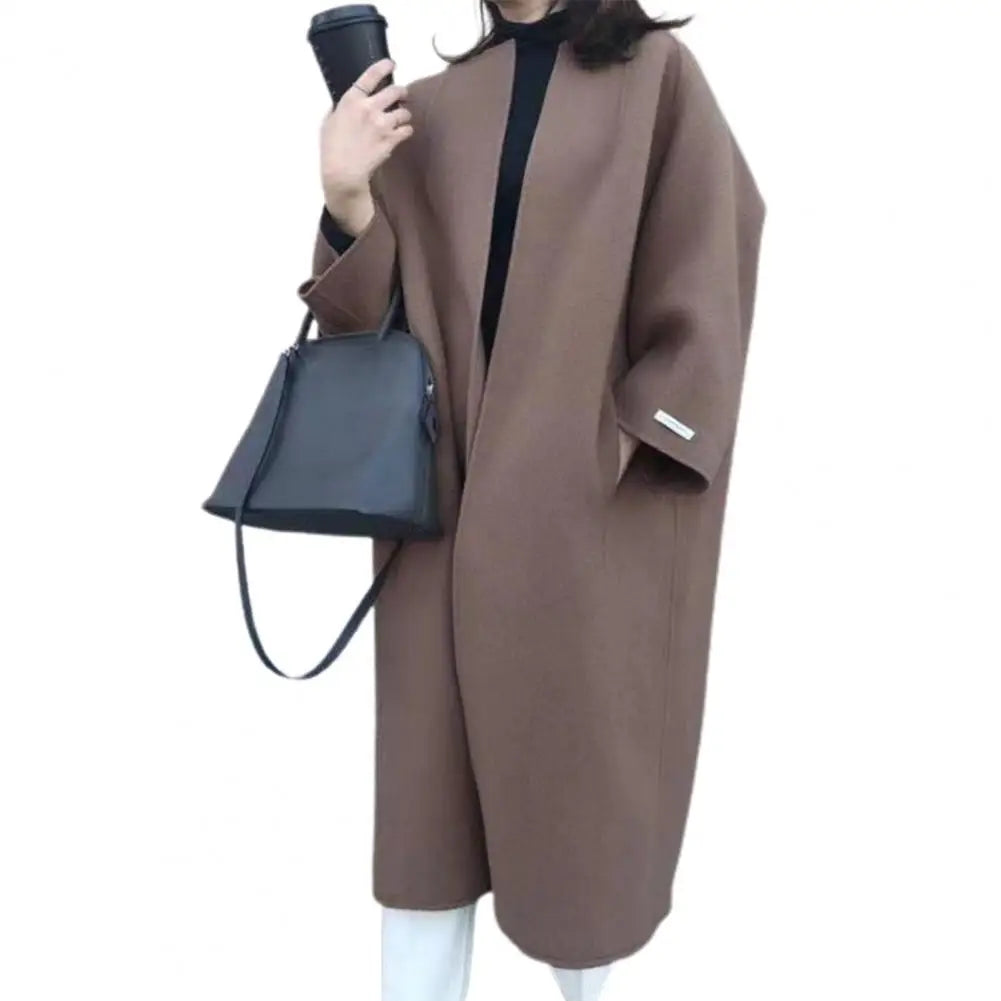 Woolen Cardigan Solid Color Long Overcoat