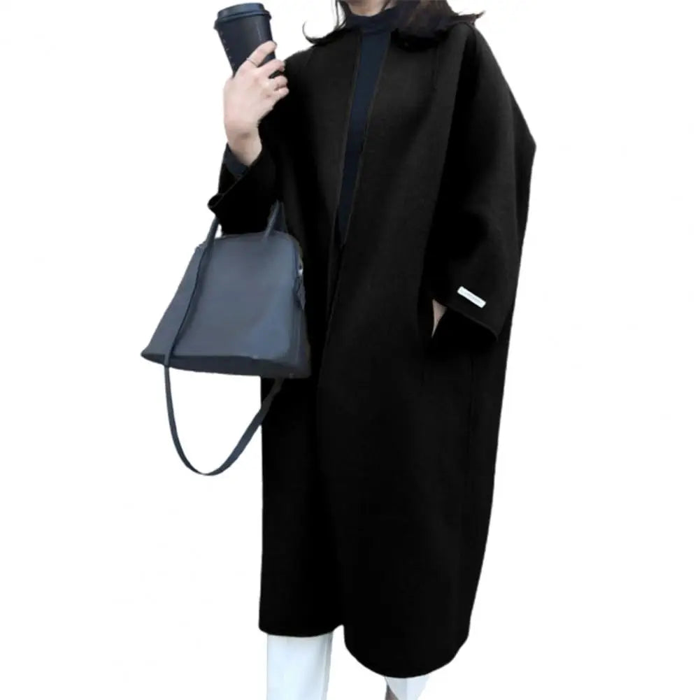 Woolen Cardigan Solid Color Long Overcoat