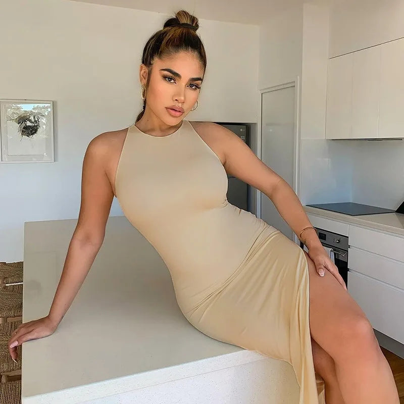 Satin Halter Neck Backless High Split Maxi Dress 5