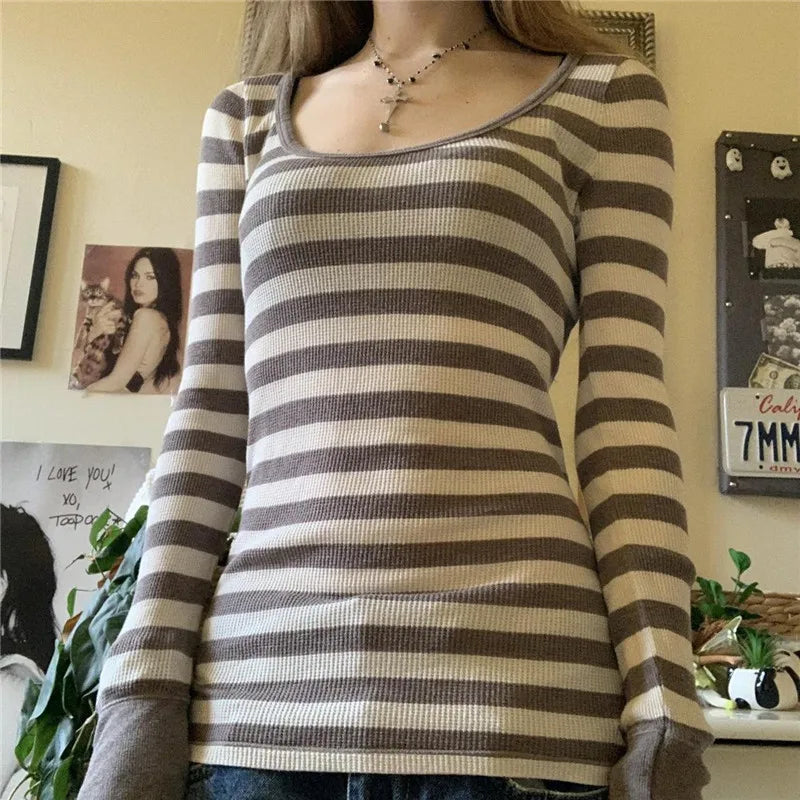 Y2K Grunge Striped Crew Neck Fall Slim Fit Knit Top - Fashionpara