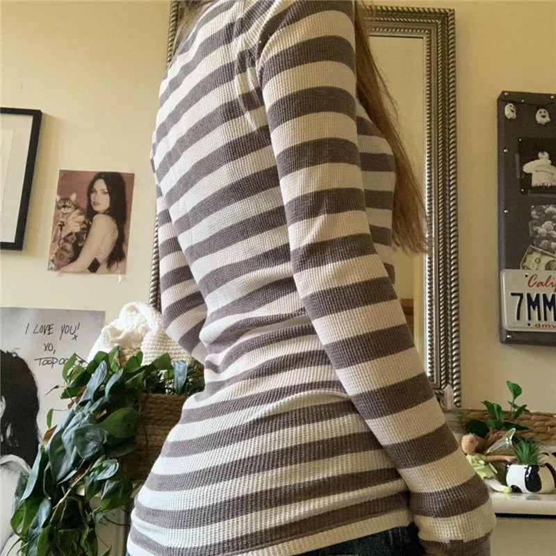 Y2K Grunge Striped Crew Neck Fall Slim Fit Knit Top - Fashionpara