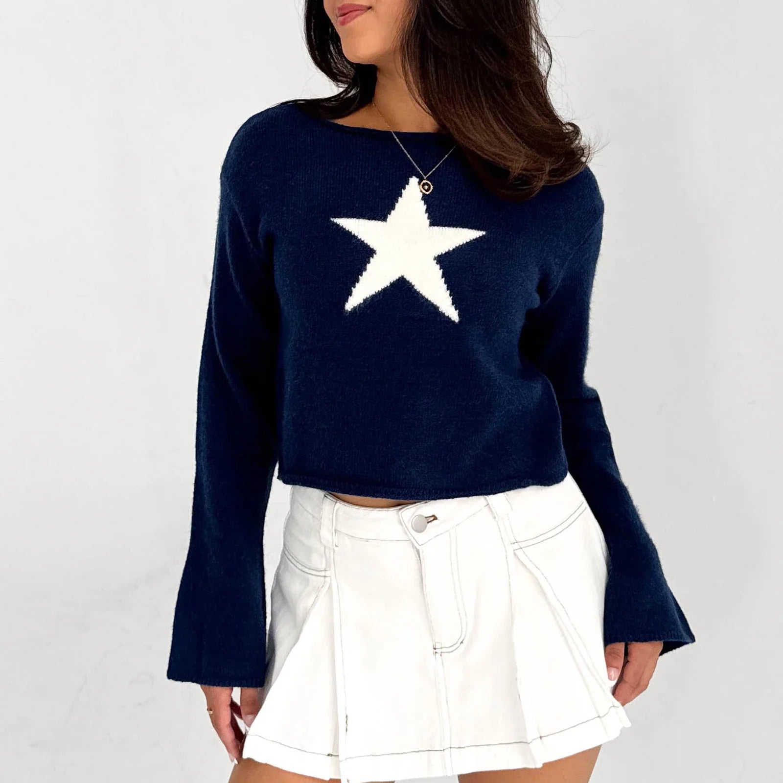Y2K Star Print Lightweight Crewneck Cropped Knit Pullover Top