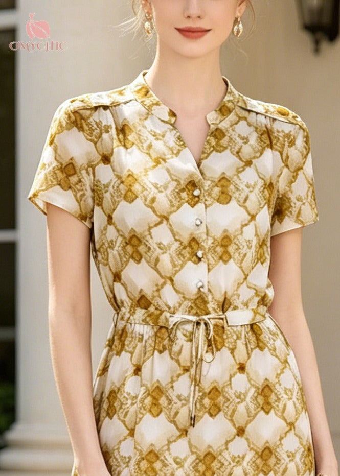 Satin Geometric Print Mandarin Collar Tie Waist Shirt Midi Dress - View 2